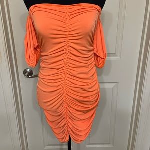 Orange cold shoulder ruched bodycon dress
